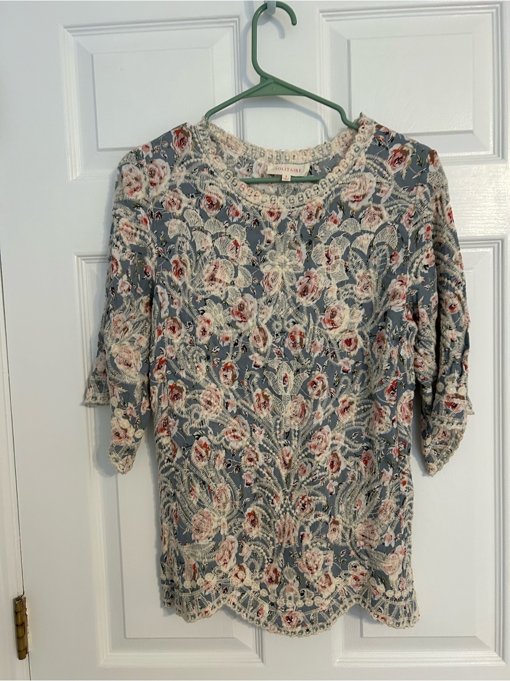 Anthropologie Solitaire Blue Floral Lace-Overlay Tunic